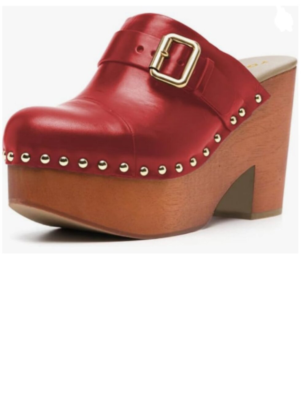 YDN Red Platform Round Toe Mules Rivet Studded Chunky Heels Buckled Strap Sandal